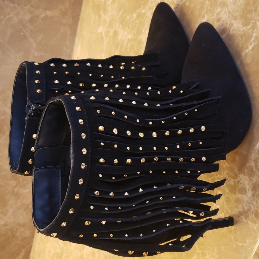 Express black micro suede cowhide fringed w gold-embellished ankle booti… - Picture 5 of 16